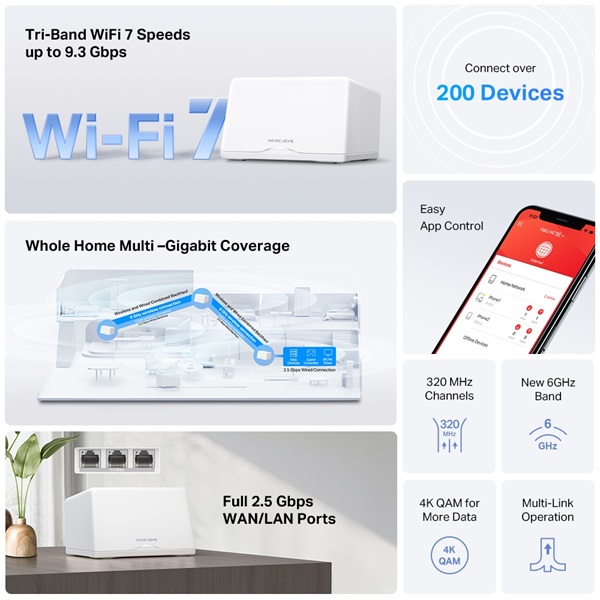 Mercusys Halo H47BE(2-pack) BE9300 fehér otthoni mesh Wi-Fi 7 rendszer (2db) R - Image 3