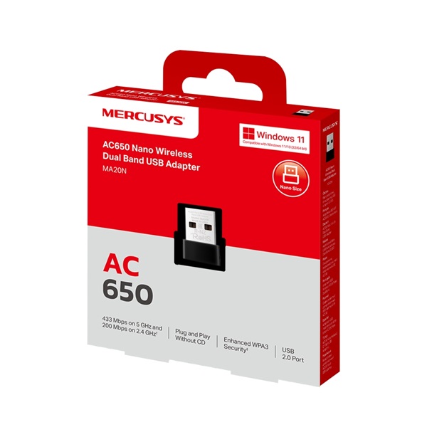 Mercusys MA20N AC650 nano vezeték nélküli kétsávos fekete USB adapter R - Image 8