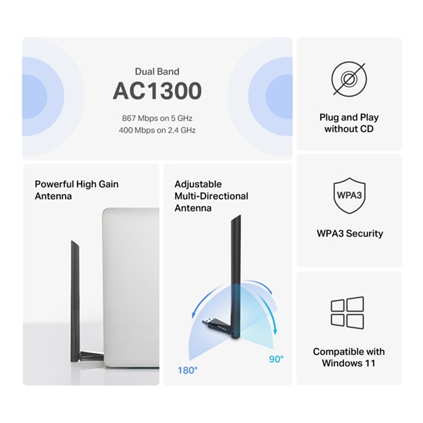 Mercusys MA30H AC1300 nagy teljesítményű vezeték nélküli kétsávos hálózati fekete USB adapter R - Image 3